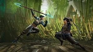 A fierce battle between two warriors in a bamboo forest, one armed with a spear and the other with a dagger, showcasing dynamic martial arts.