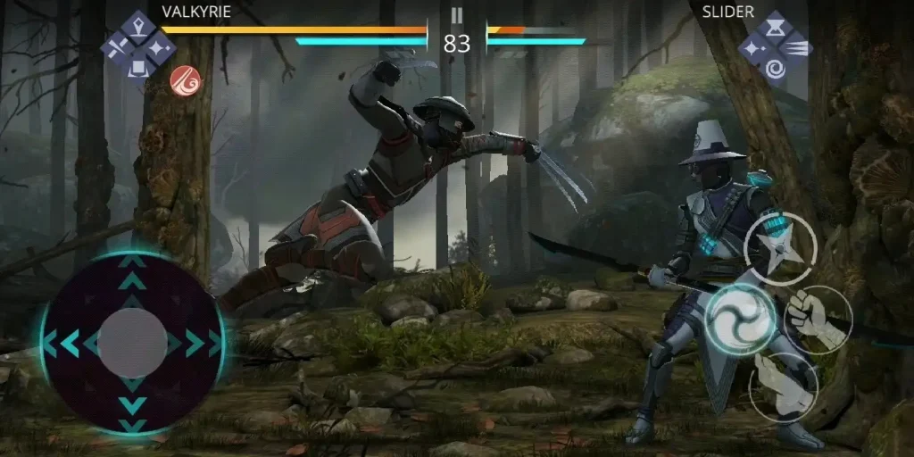 A dramatic battle scene in a forest, featuring two armored fighters, Valkyrie and Slider, engaged in combat with weapons drawn.