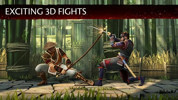 Two warriors engage in a dynamic 3D sword fight amidst a bamboo forest backdrop, showcasing their martial arts skills.