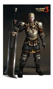 A strong warrior stands confidently, clad in ornate armor, wielding a large sword, set against a dark background.