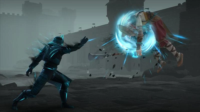 A futuristic warrior in dark armor uses energy to levitate and strike an opponent mid-air in a misty, medieval battleground.