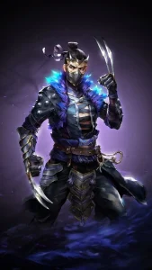A fierce warrior clad in dark armor with a blue fur collar, brandishing deadly clawed weapons against a mystical backdrop.