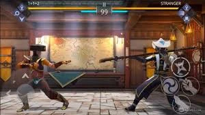 Two animated fighters face off in a martial arts game, showcasing dynamic poses in a stylized dojo setting. Health bars and controls are visible.
