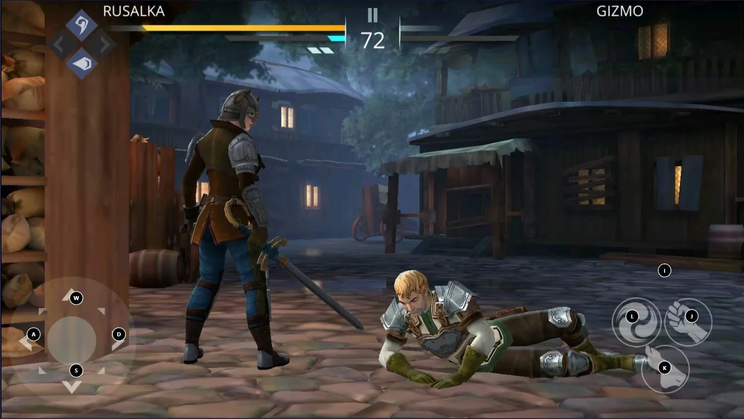 A medieval scene featuring a knight standing over a fallen opponent in a cobblestone street, with buildings and trees in the background.