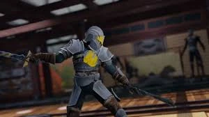 A armored knight wielding a sword in a dynamic pose, set in a traditional dojo with shadowy figures in the background.