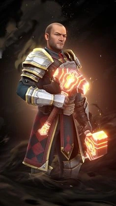 A armored figure stands confidently, wielding two glowing hammers, surrounded by a dark, swirling background.