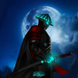 A mysterious armored figure with a glowing hat and katana stands against a moonlit sky, exuding a powerful, enigmatic presence.