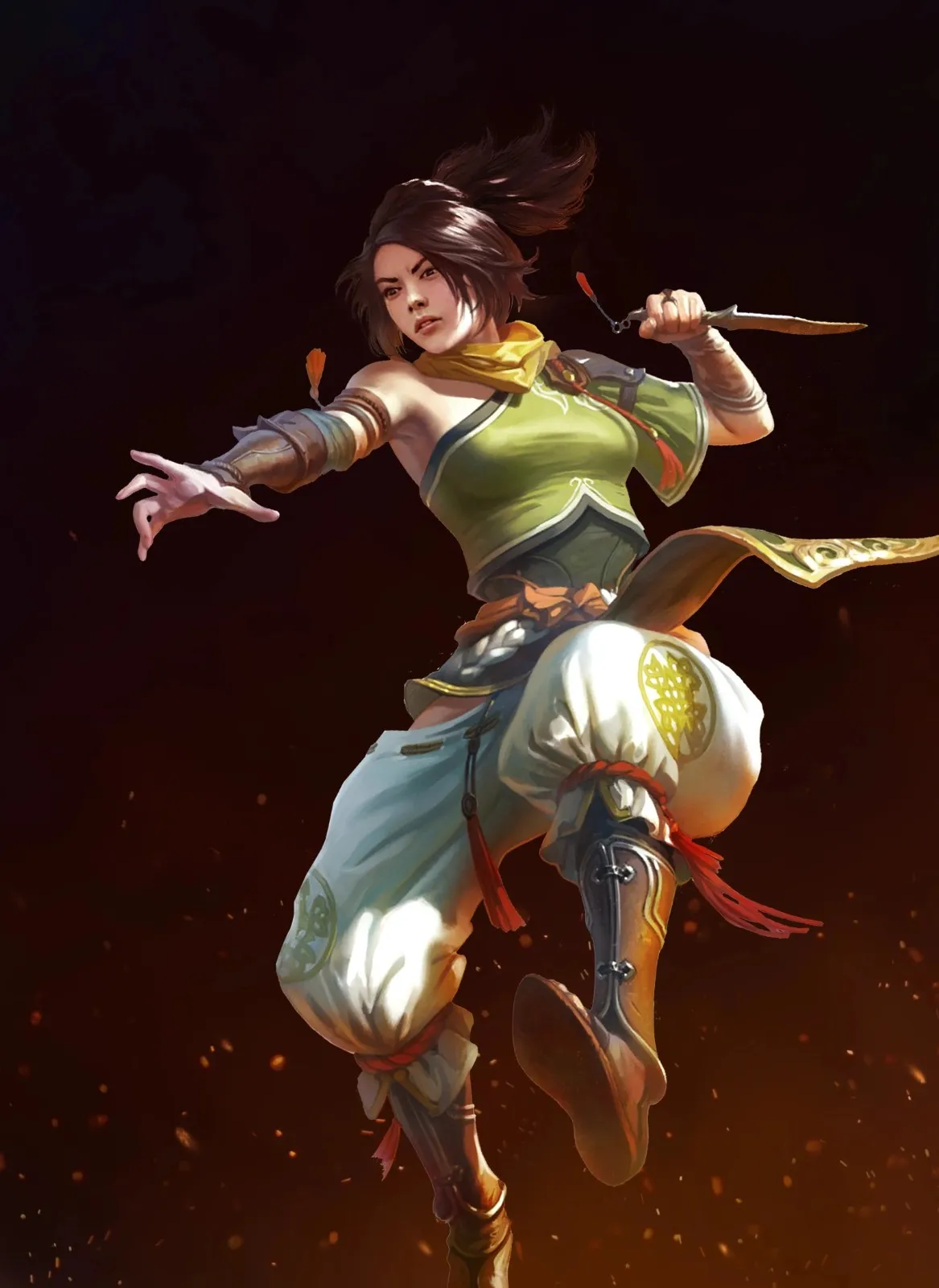 A dynamic figure in traditional attire leaps with a knife, showcasing intricate details against a dark, fiery background.