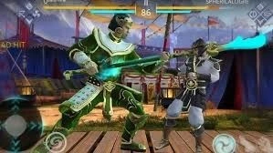 A green-clad warrior fights a black-clad opponent in a virtual arena, wielding a glowing sword amid a colorful backdrop.