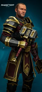 A character in ornate armor holding a large, intricately designed hammer, against a soft blue background.