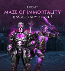 Two armored warriors in purple gear stand ready for battle, promoting the "Maze of Immortality" event. Background features a dark maze.