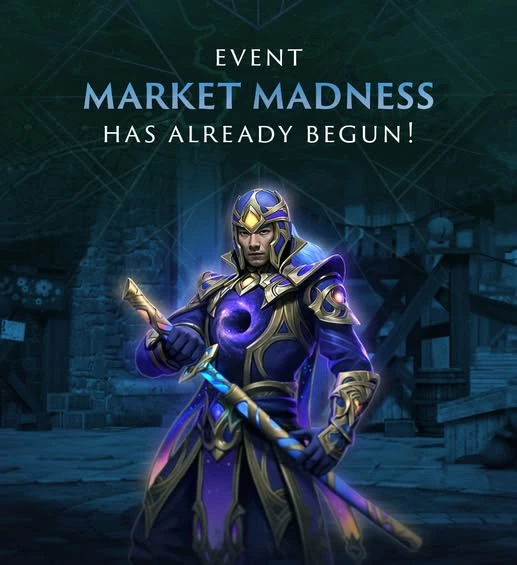 A mystical character in ornate purple armor holds a glowing staff, promoting the "Market Madness" event with excitement.