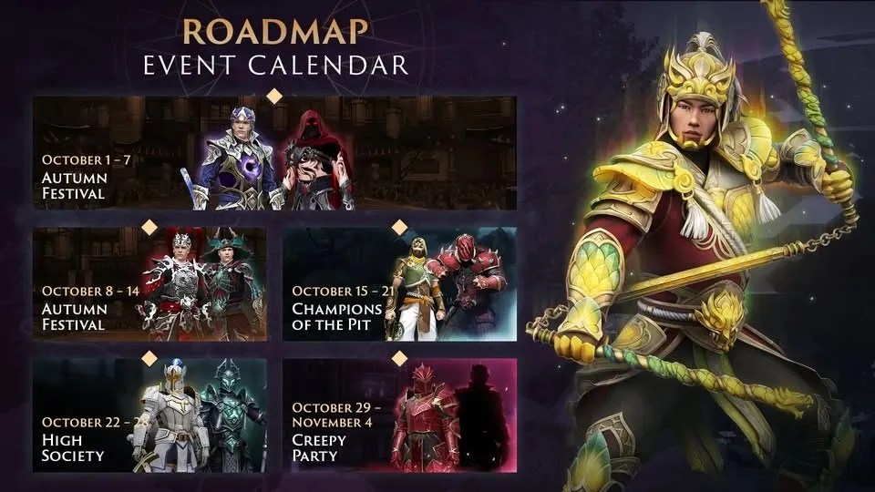 A colorful event calendar featuring themed festivals and activities for October, showcasing various character designs and artistic elements.