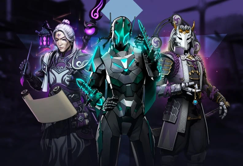 Three stylized characters stand against a purple background: a futuristic warrior, a mystical figure holding a scroll, and a regal armored knight.