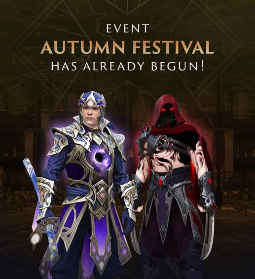 Two fantasy characters in elaborate costumes stand side by side, promoting the "Autumn Festival" event with bold text above them.
