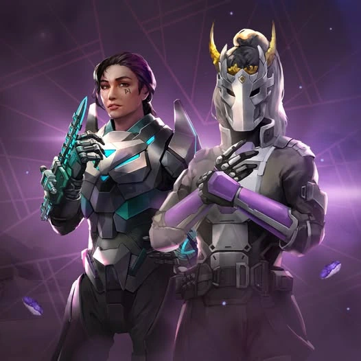 Two futuristic characters stand confidently, one in a sleek armored suit holding a weapon, the other in a masked costume with purple accents.