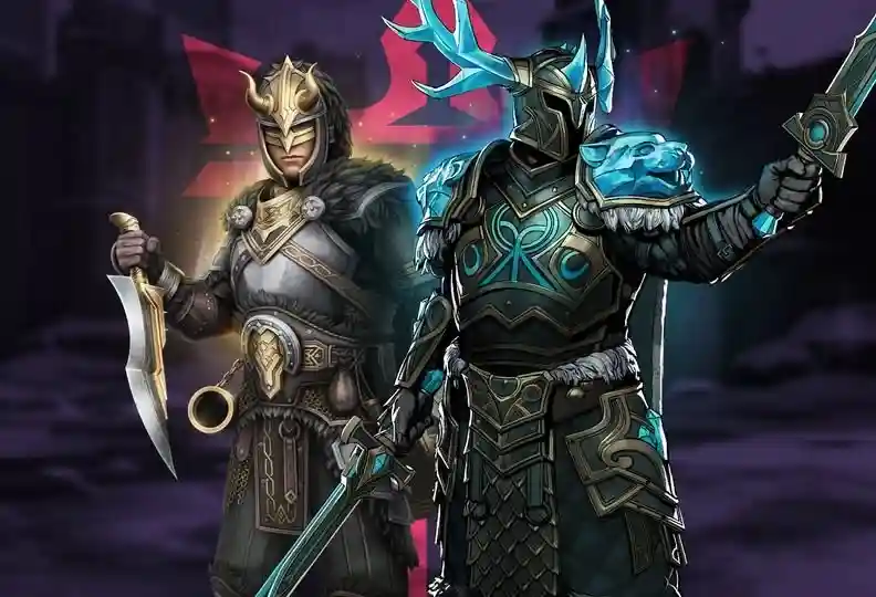 Two armored warriors stand side by side, one with a golden sword and the other holding a glowing weapon, against a dramatic backdrop.