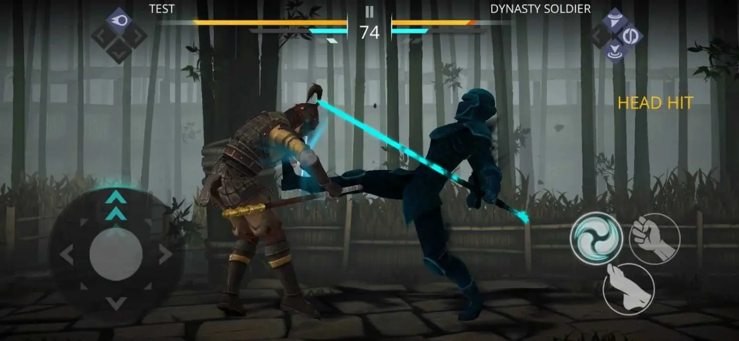 A warrior strikes a Dynasty Soldier with a glowing blue weapon in a misty bamboo forest, showcasing an intense combat scene. in Shadow Fight 3 Mod APK